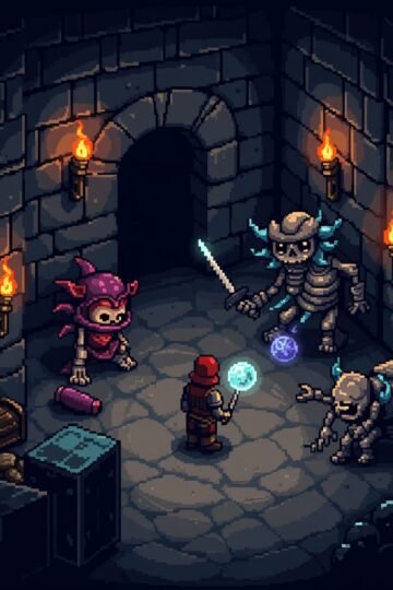 Pixel-art warrior fighting skeletons in a dark dungeon maze filled with treasure and monsters