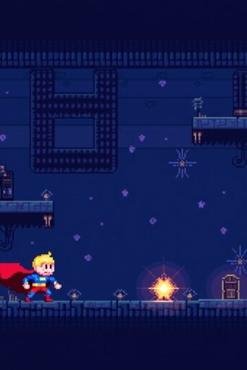 Pixel superhero navigating a reversed-control puzzle world in a retro platform game