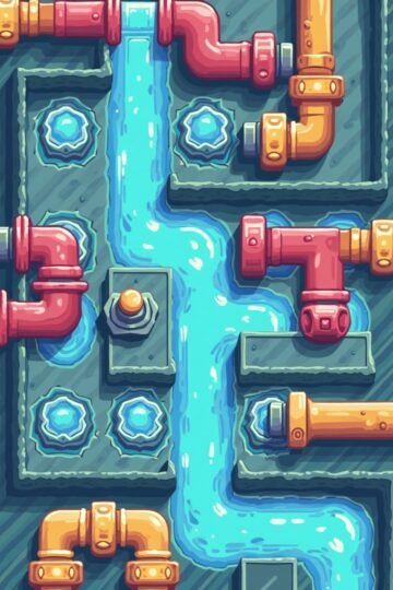 Grid puzzle game showing colorful pipes connected to guide flowing liquid
