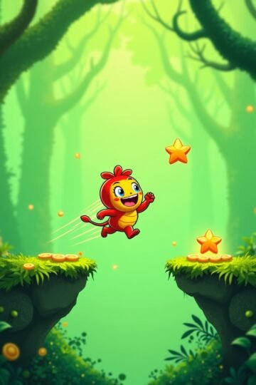 Arcade jungle jump game with cartoon character leaping between platforms in a green forest