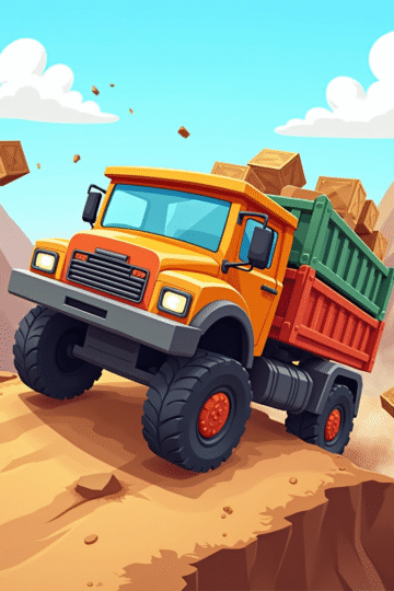 Cartoon-style cargo truck driving on bumpy terrain with crates loaded on the back and mountains in the background