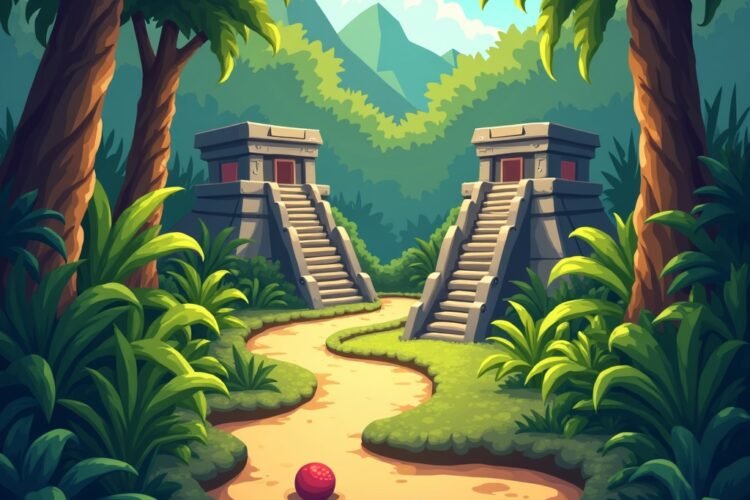 Arcade-style Mayan golf game with jungle background and ancient stone course