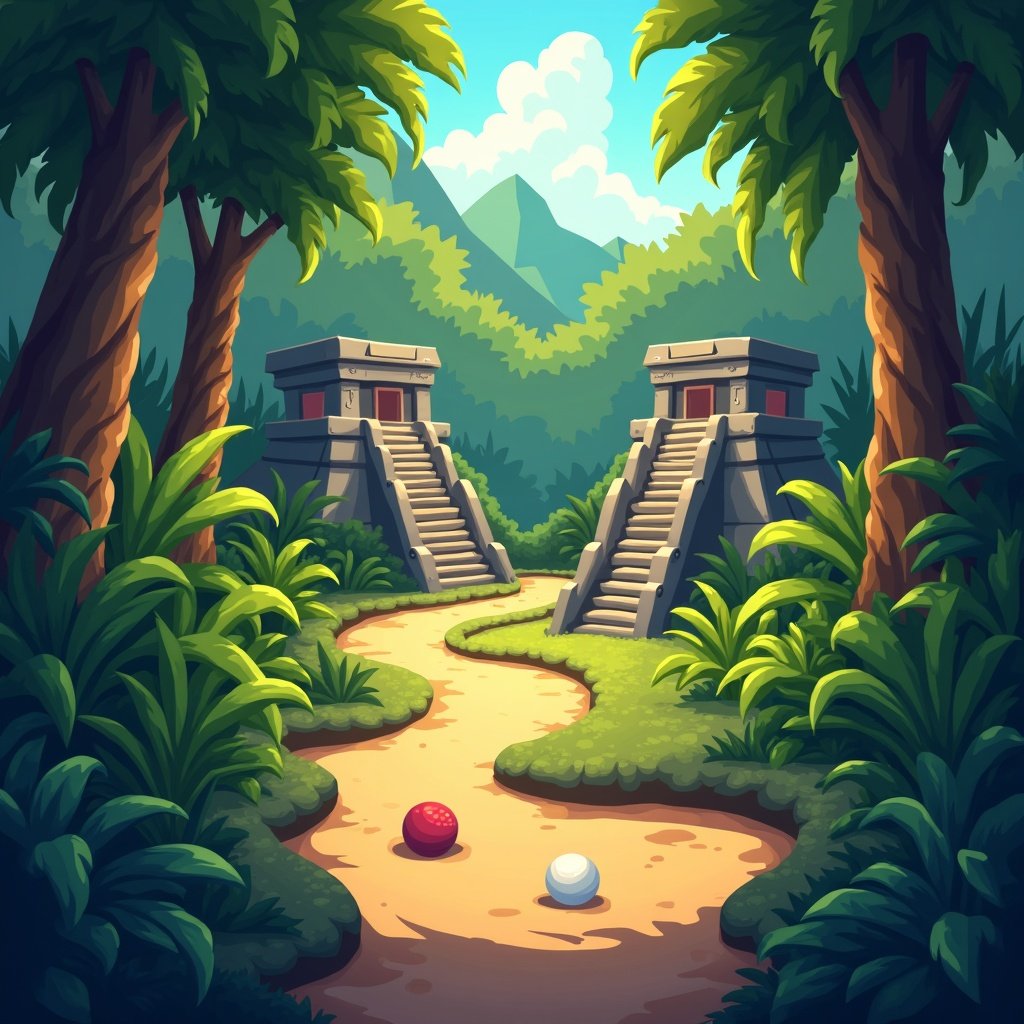 Arcade-style Mayan golf game with jungle background and ancient stone course