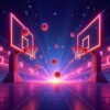 Arcade-style dunk balls game with glowing balls falling into colorful moving hoops