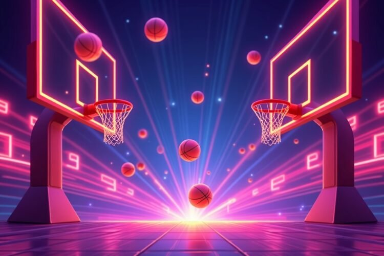 Arcade-style dunk balls game with glowing balls falling into colorful moving hoops