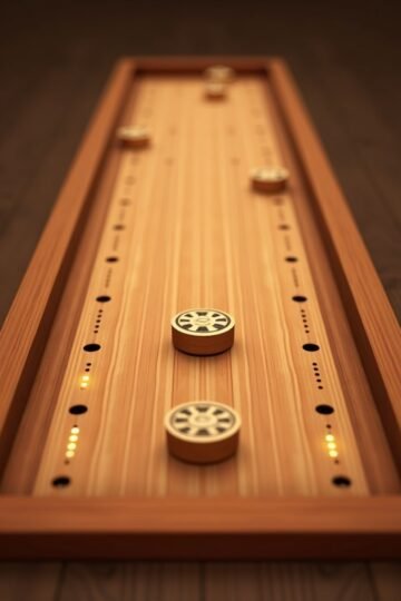 Wooden shuffleboard game with pucks sliding into scoring holes on a realistic board