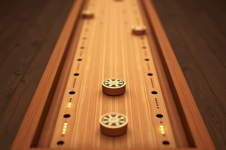 Wooden shuffleboard game with pucks sliding into scoring holes on a realistic board