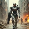 Futuristic robot cop holding a weapon in a city under siege in an action arcade game