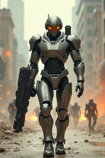 Futuristic robot cop holding a weapon in a city under siege in an action arcade game