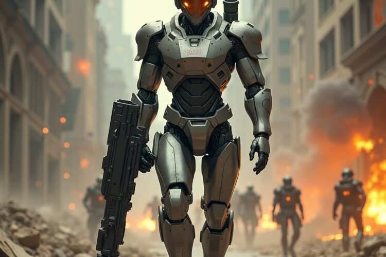 Futuristic robot cop holding a weapon in a city under siege in an action arcade game
