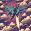 Fighter jet shooting missiles at enemy aircraft in a retro-style aerial battle game