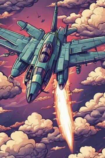 Fighter jet shooting missiles at enemy aircraft in a retro-style aerial battle game