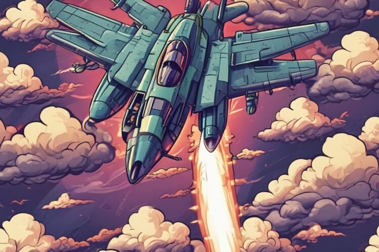 Fighter jet shooting missiles at enemy aircraft in a retro-style aerial battle game