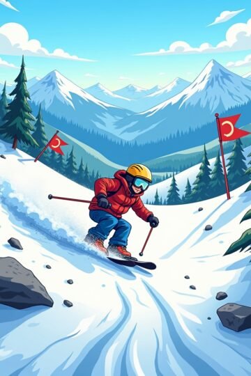 Arcade downhill racing game with cartoon character dodging trees and rocks on a snowy slope