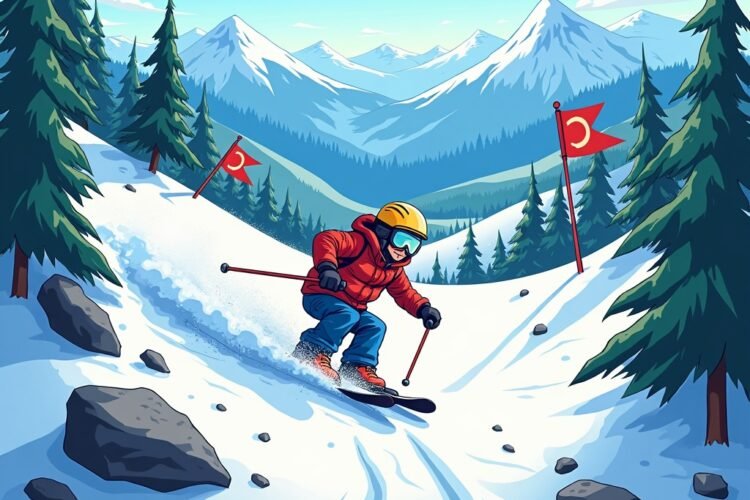 Arcade downhill racing game with cartoon character dodging trees and rocks on a snowy slope