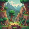 Pixel survival game with a blocky character chopping wood and exploring a forest