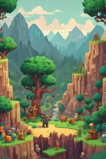 Pixel survival game with a blocky character chopping wood and exploring a forest