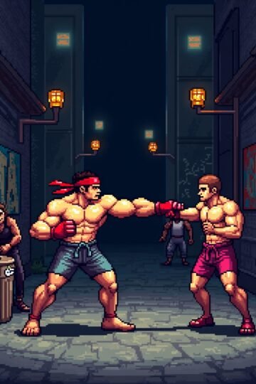 Pixel-art fighter brawling with enemies in a dark city alley in a retro action game