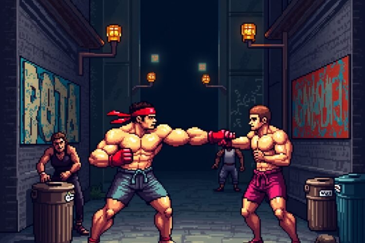 Pixel-art fighter brawling with enemies in a dark city alley in a retro action game