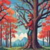 Pixel lumberjack chopping a tall tree while avoiding branches in an arcade forest game
