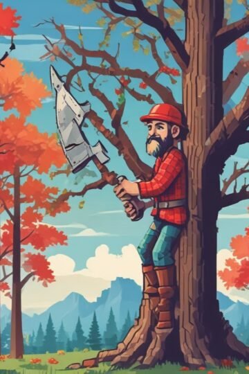Pixel lumberjack chopping a tall tree while avoiding branches in an arcade forest game