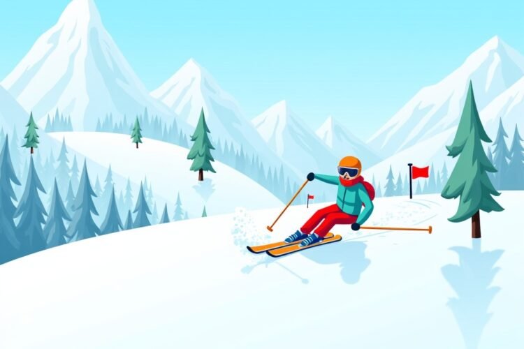 Arcade skiing game scene with skier racing down snowy mountain while avoiding obstacles