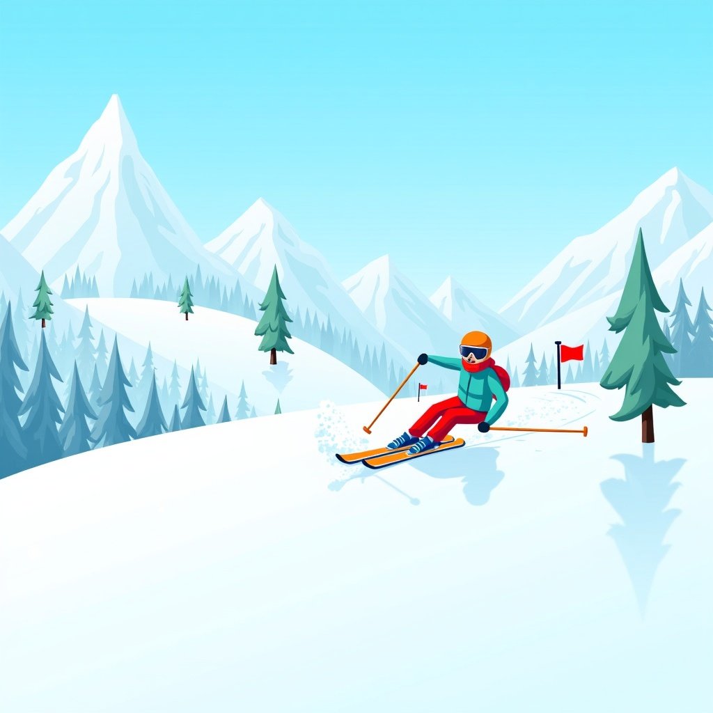 Arcade skiing game scene with skier racing down snowy mountain while avoiding obstacles