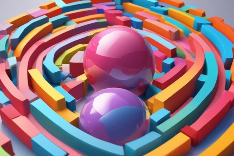 3D puzzle maze game with a shiny ball rolling toward the exit