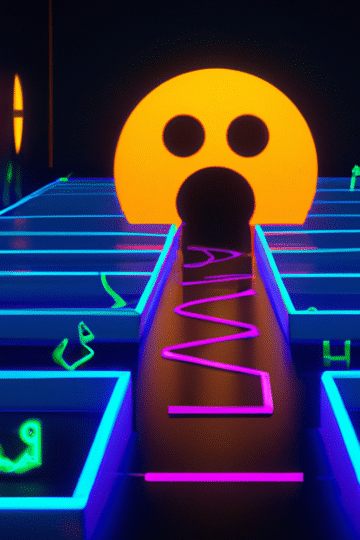 First-person view inside a glowing 3D maze with Pac-Man elements like pellets and chasing ghosts