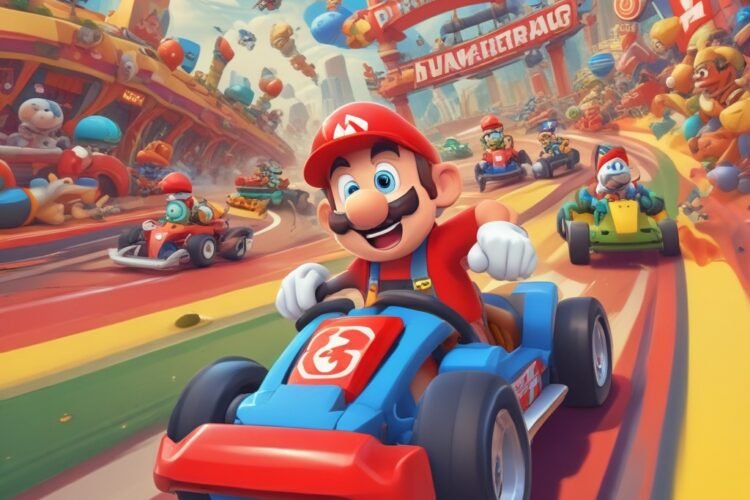 Cartoon racing character in a red hat driving a kart on a colorful track with obstacles