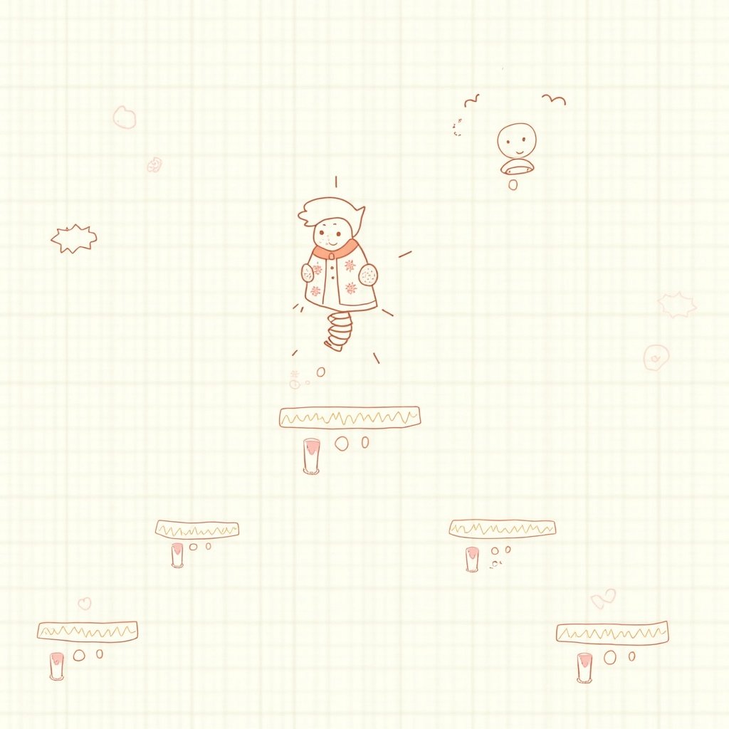 Sketch-style character jumping between platforms on graph paper background in an endless arcade game