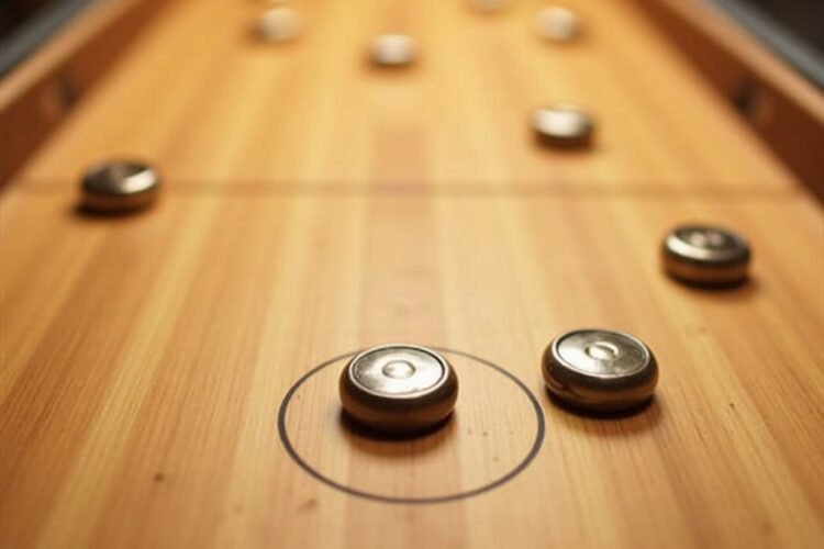 Top-down view of a digital table shuffleboard game with metal pucks sliding toward scoring zones