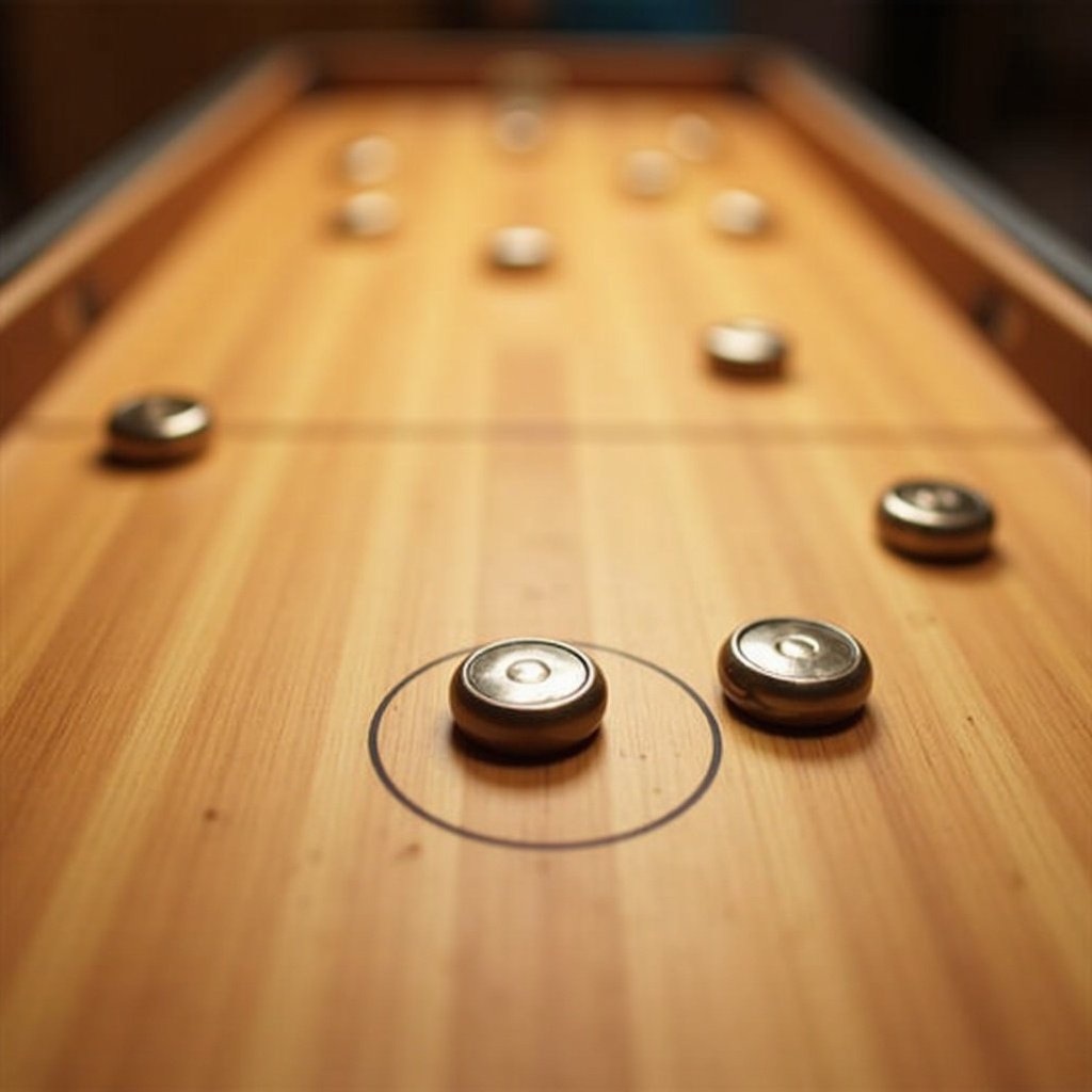 Top-down view of a digital table shuffleboard game with metal pucks sliding toward scoring zones