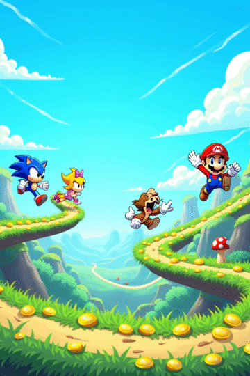 Colorful retro-style platform game featuring Sonic and Mario characters jumping across levels with coins and mushrooms