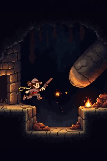 Pixel-art adventurer running through a jungle temple filled with traps, boulders, and stone walls