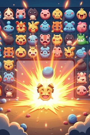 Colorful match-3 puzzle game with Pokémon-themed icons and popping effects