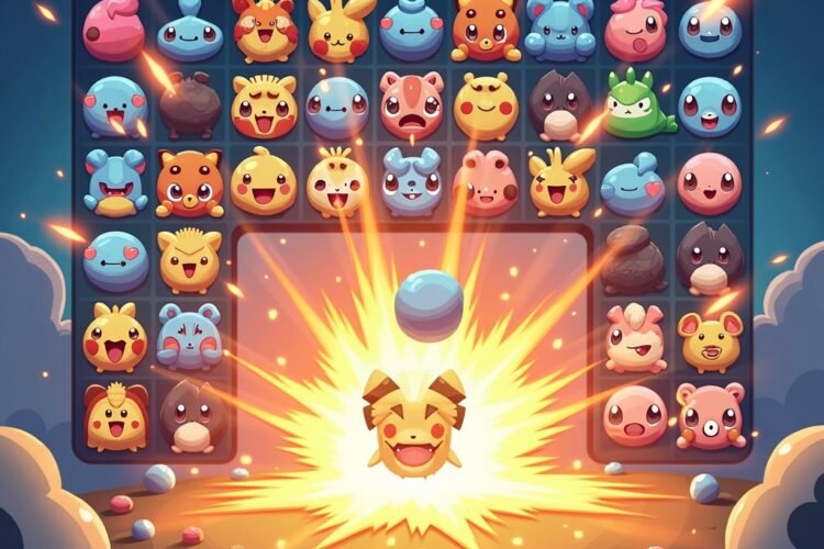Colorful match-3 puzzle game with Pokémon-themed icons and popping effects