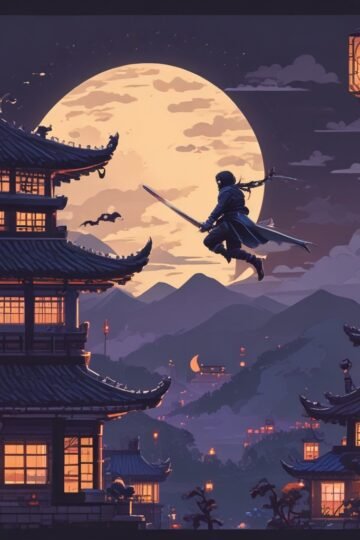 Pixel ninja jumping across rooftops at night with a katana in an action stealth game
