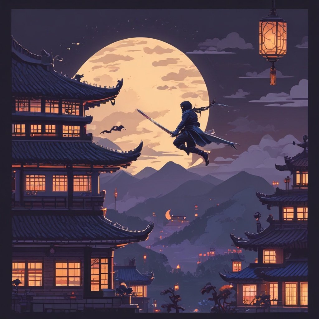 Pixel ninja jumping across rooftops at night with a katana in an action stealth game